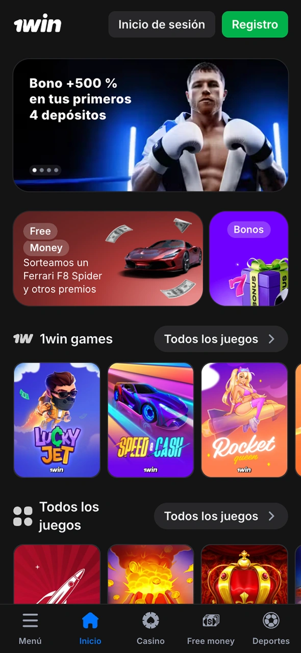 Vista principal del sitio oficial 1Win con acceso a casino y apuestas deportivas.