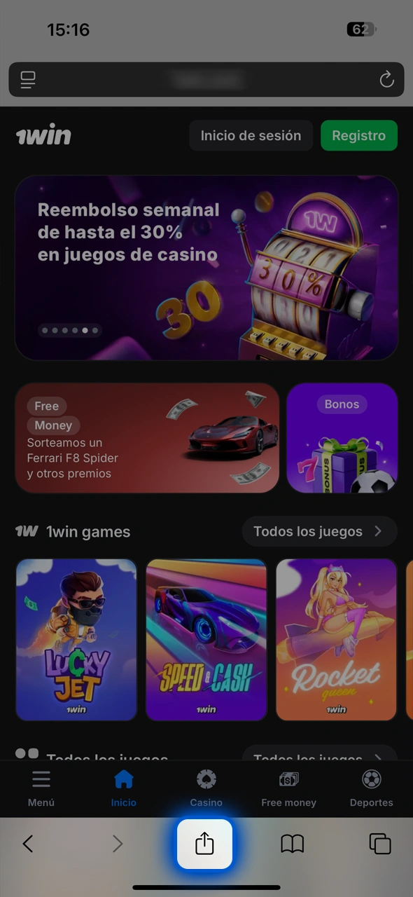 Abre el menu de acciones en Safari para instalar la app oficial de 1Win.