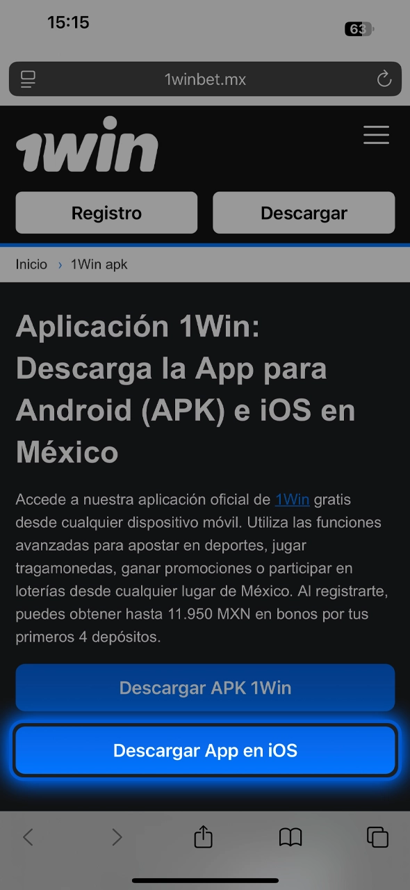 Descarga la app oficial de 1Win en iOS y accede al registro rapidamente.