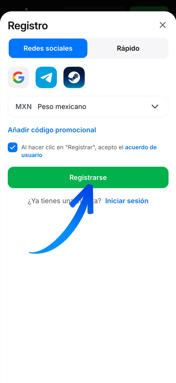 El primer paso es crear una cuenta en 1win.
