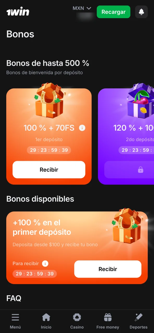 Accede a promociones en 1win y elige tu bono ahora.