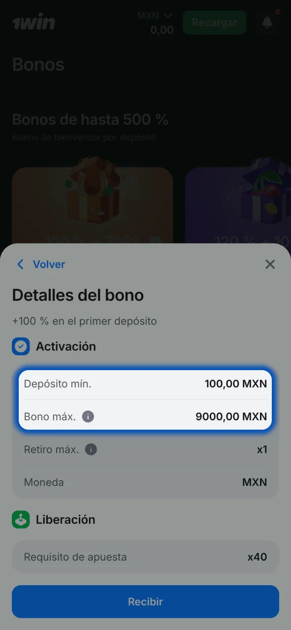 Asegura el depósito mínimo en 1win y activa tu bono.