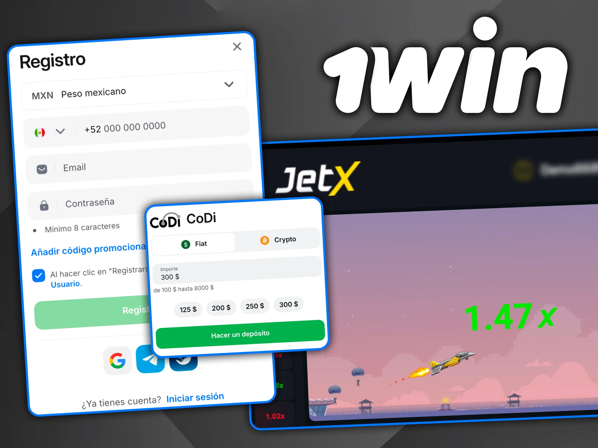 Juega Jet X en 1win y haz tu apuesta antes del despegue.