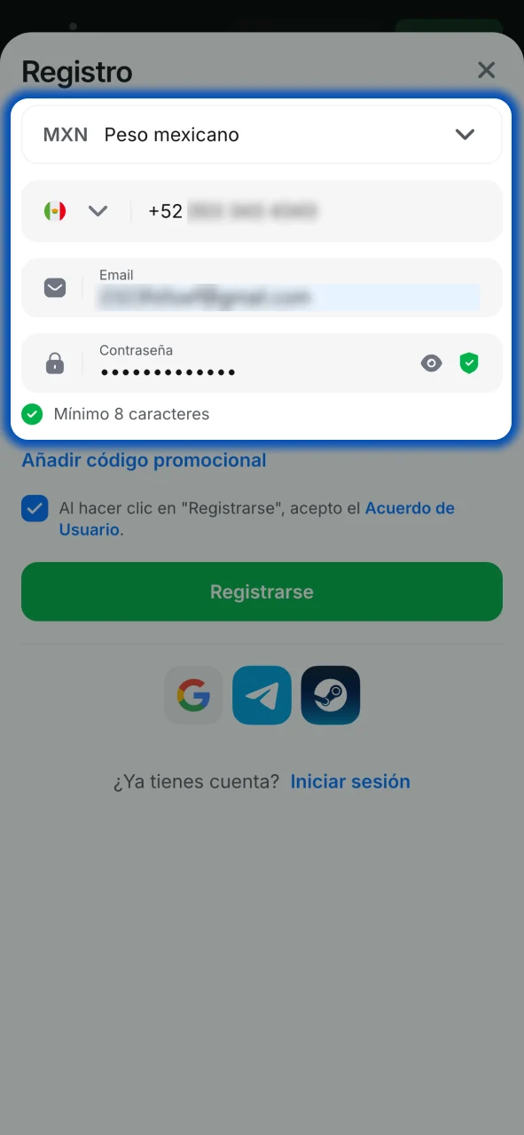Completa el formulario de 1win y crea tu cuenta segura.